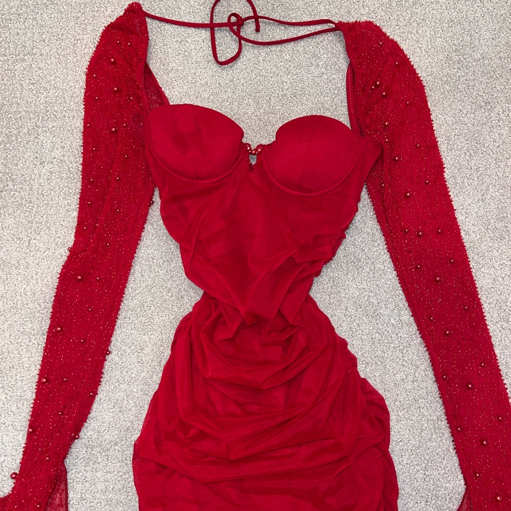 Oh Polly Red Bodycon Halter Dress with Beaded Sleeves